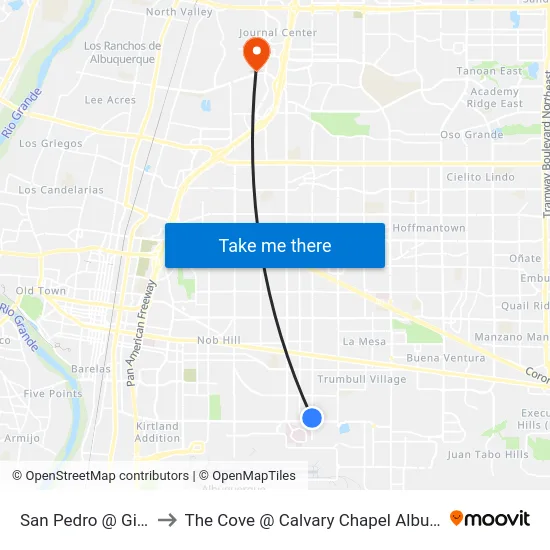 San Pedro @ Gibson to The Cove @ Calvary Chapel Albuquerque map