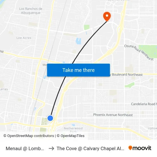 Menaul @ Lombardy Dr. to The Cove @ Calvary Chapel Albuquerque map