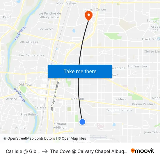Carlisle @ Gibson to The Cove @ Calvary Chapel Albuquerque map