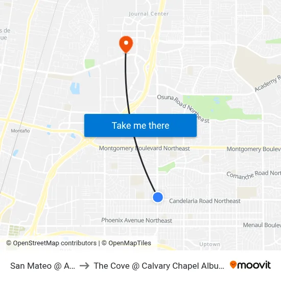 San Mateo @ Arvilla to The Cove @ Calvary Chapel Albuquerque map