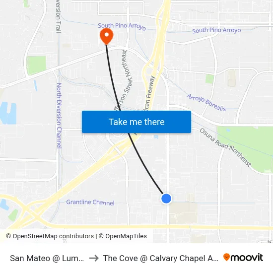 San Mateo @ Lumber Ave. to The Cove @ Calvary Chapel Albuquerque map