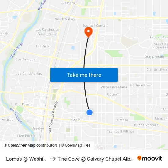 Lomas @ Washington to The Cove @ Calvary Chapel Albuquerque map