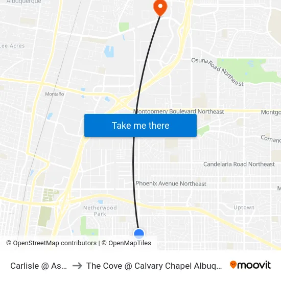 Carlisle @ Aspen to The Cove @ Calvary Chapel Albuquerque map