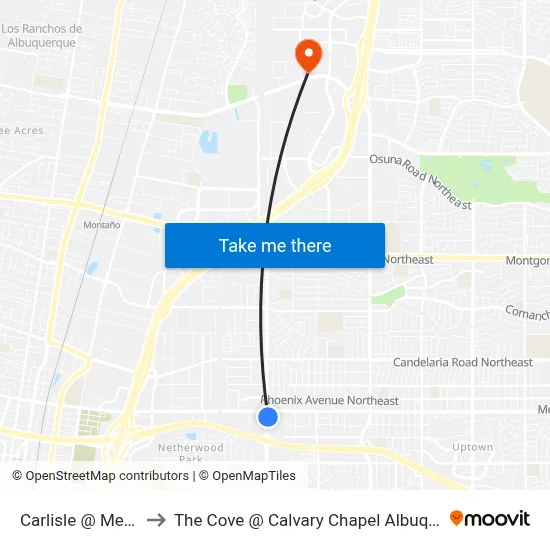 Carlisle @ Menaul to The Cove @ Calvary Chapel Albuquerque map