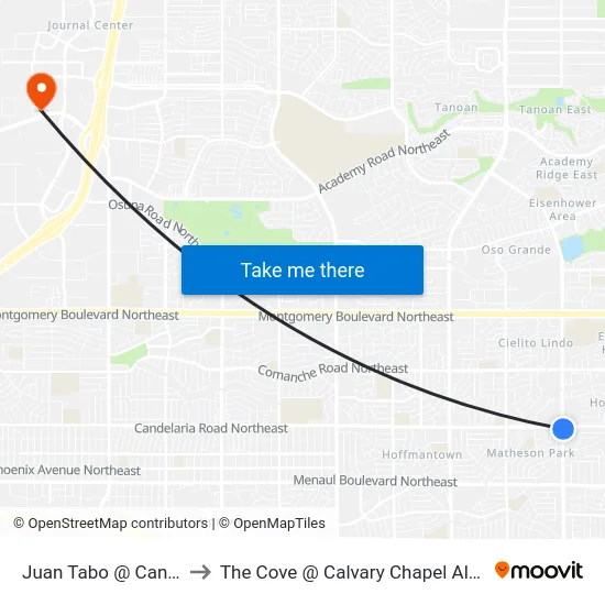Juan Tabo @ Candelaria to The Cove @ Calvary Chapel Albuquerque map
