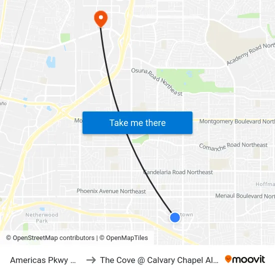 Americas Pkwy @ U.T.C. to The Cove @ Calvary Chapel Albuquerque map