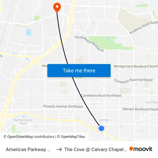 Americas Parkway @ Louisiana to The Cove @ Calvary Chapel Albuquerque map