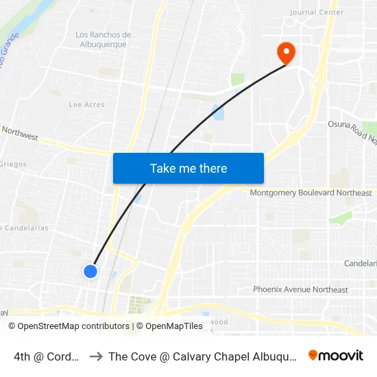 4th @ Cordova to The Cove @ Calvary Chapel Albuquerque map