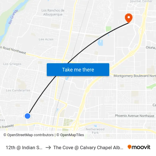 12th @ Indian School to The Cove @ Calvary Chapel Albuquerque map