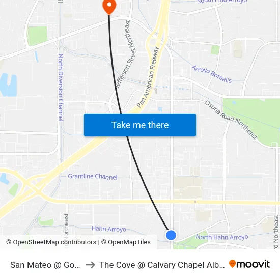 San Mateo @ Goodrich to The Cove @ Calvary Chapel Albuquerque map