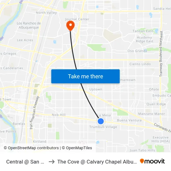 Central @ San Pablo to The Cove @ Calvary Chapel Albuquerque map
