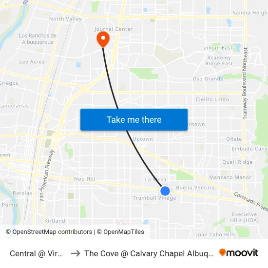 Central @ Virginia to The Cove @ Calvary Chapel Albuquerque map