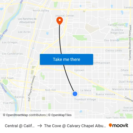 Central @ California to The Cove @ Calvary Chapel Albuquerque map