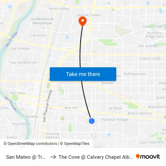 San Mateo @ Trumbull to The Cove @ Calvary Chapel Albuquerque map