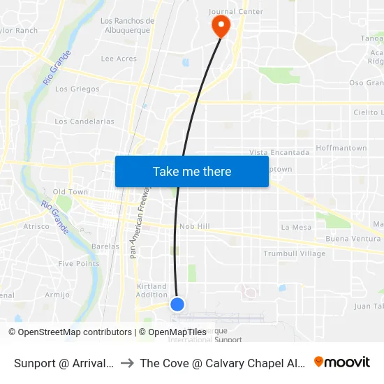 Sunport @ Arrivals Level to The Cove @ Calvary Chapel Albuquerque map