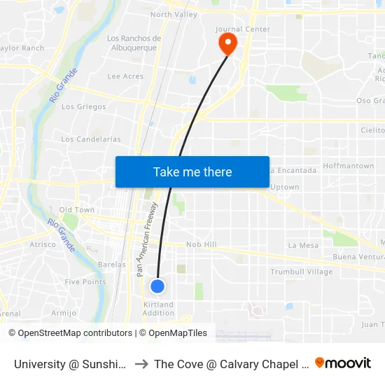 University @ Sunshine Terrace to The Cove @ Calvary Chapel Albuquerque map