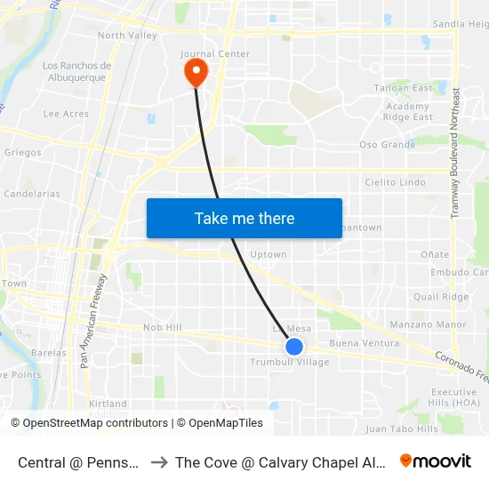Central @ Pennsylvania to The Cove @ Calvary Chapel Albuquerque map