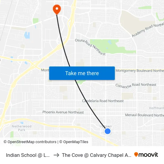 Indian School @ Louisiana to The Cove @ Calvary Chapel Albuquerque map
