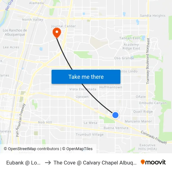 Eubank @ Lomas to The Cove @ Calvary Chapel Albuquerque map