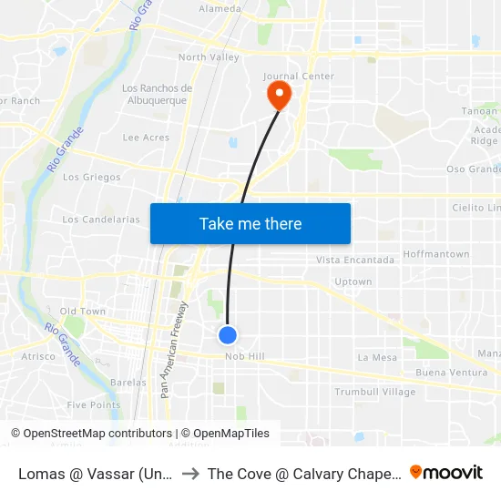 Lomas @ Vassar (Unm Hospital) to The Cove @ Calvary Chapel Albuquerque map