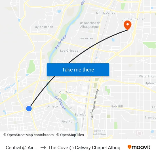 Central @ Airport to The Cove @ Calvary Chapel Albuquerque map