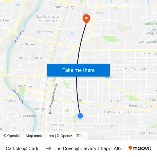 Carlisle @ Carlisle Pl. to The Cove @ Calvary Chapel Albuquerque map