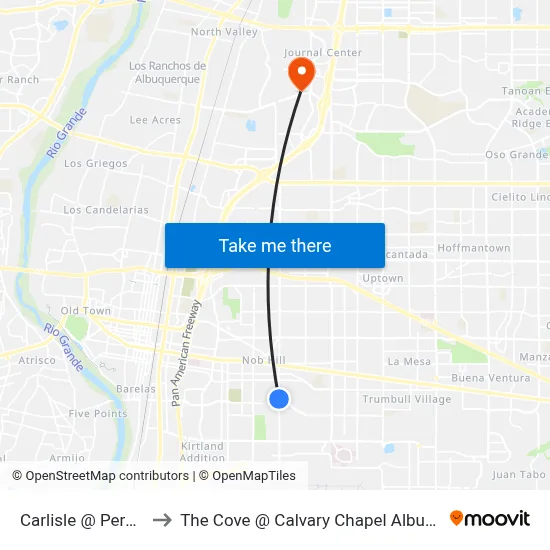 Carlisle @ Pershing to The Cove @ Calvary Chapel Albuquerque map