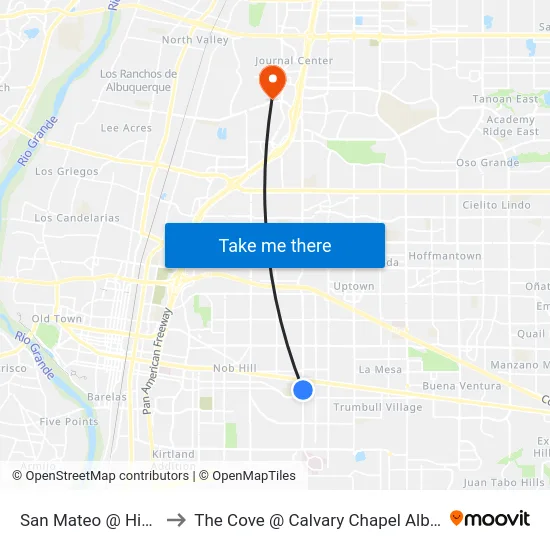 San Mateo @ Highland to The Cove @ Calvary Chapel Albuquerque map