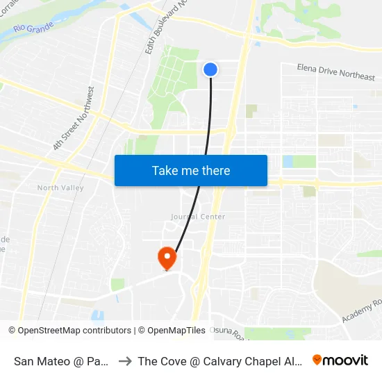 San Mateo @ Pasadena to The Cove @ Calvary Chapel Albuquerque map