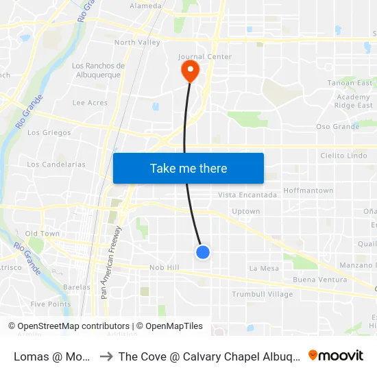 Lomas @ Monroe to The Cove @ Calvary Chapel Albuquerque map