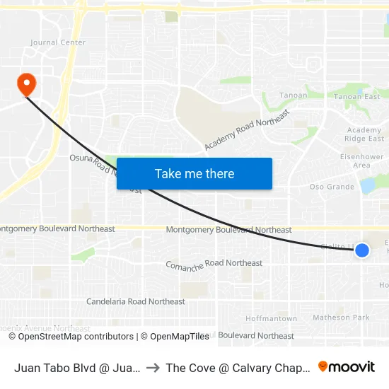 Juan Tabo Blvd @ Juan Tabo Place to The Cove @ Calvary Chapel Albuquerque map