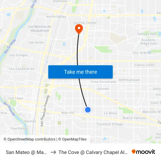 San Mateo @ Marquette to The Cove @ Calvary Chapel Albuquerque map