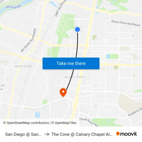 San Diego @ San Mateo to The Cove @ Calvary Chapel Albuquerque map