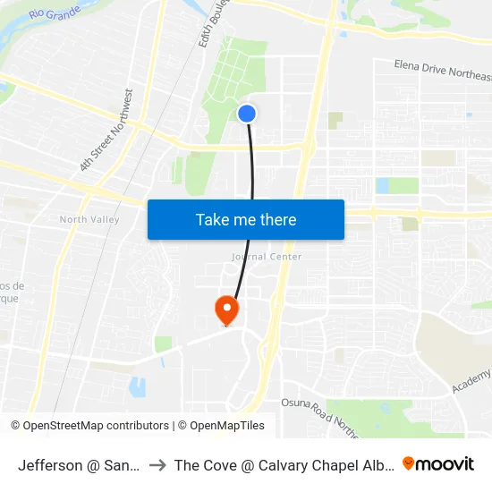 Jefferson @ San Diego to The Cove @ Calvary Chapel Albuquerque map