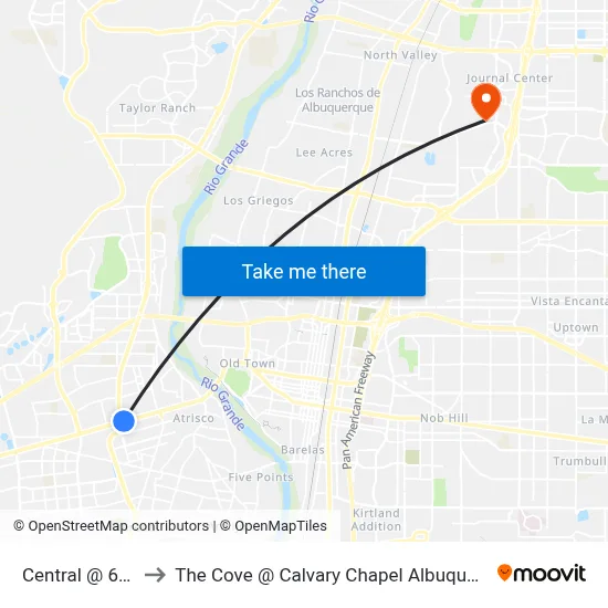 Central @ 65th to The Cove @ Calvary Chapel Albuquerque map