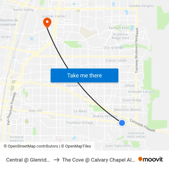 Central @ Glenridge Park to The Cove @ Calvary Chapel Albuquerque map