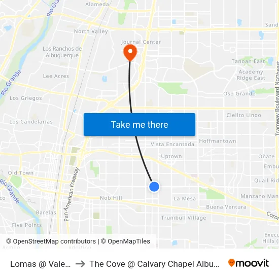 Lomas @ Valencia to The Cove @ Calvary Chapel Albuquerque map