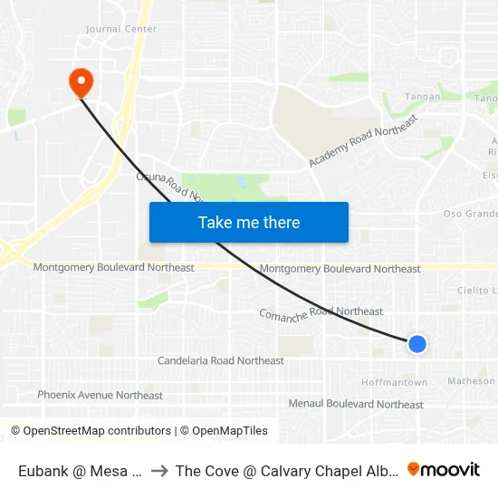 Eubank @ Mesa Arriba to The Cove @ Calvary Chapel Albuquerque map