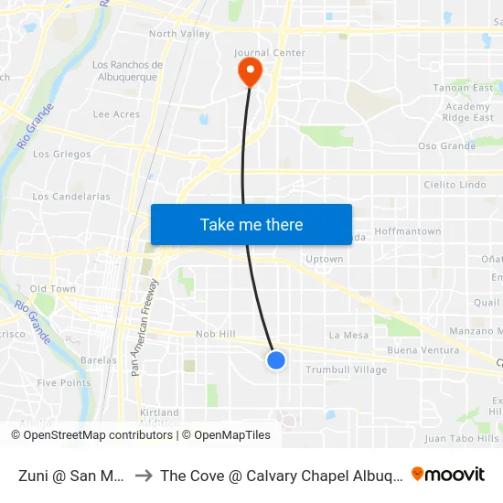 Zuni @ San Mateo to The Cove @ Calvary Chapel Albuquerque map