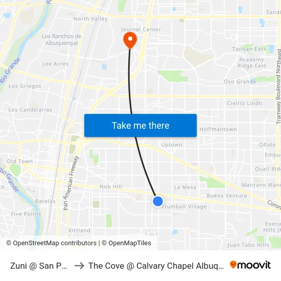 Zuni @ San Pedro to The Cove @ Calvary Chapel Albuquerque map