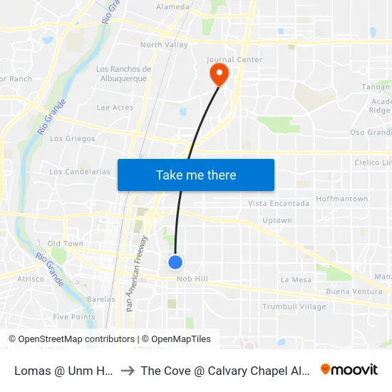 Lomas @ Unm Hospital to The Cove @ Calvary Chapel Albuquerque map