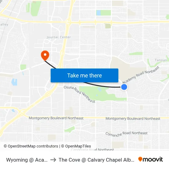 Wyoming @ Academy to The Cove @ Calvary Chapel Albuquerque map