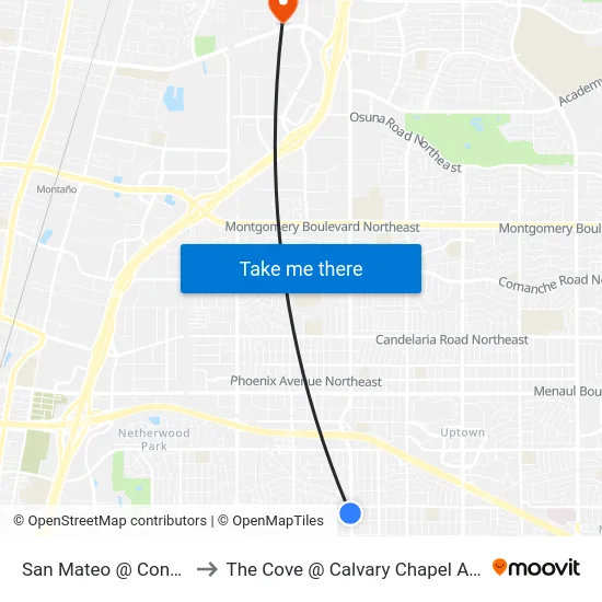 San Mateo @ Constitution to The Cove @ Calvary Chapel Albuquerque map