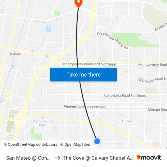 San Mateo @ Constitution to The Cove @ Calvary Chapel Albuquerque map