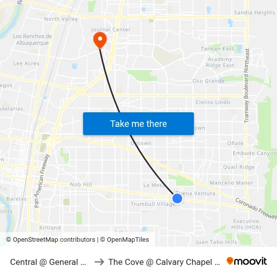 Central @ General Chennault to The Cove @ Calvary Chapel Albuquerque map