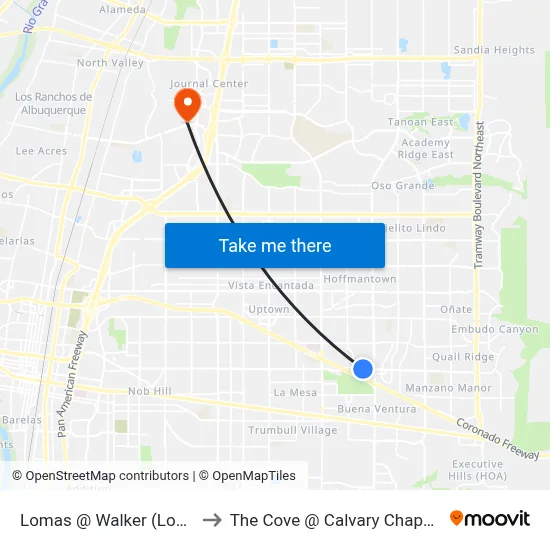 Lomas @ Walker (Los Altos Park) to The Cove @ Calvary Chapel Albuquerque map