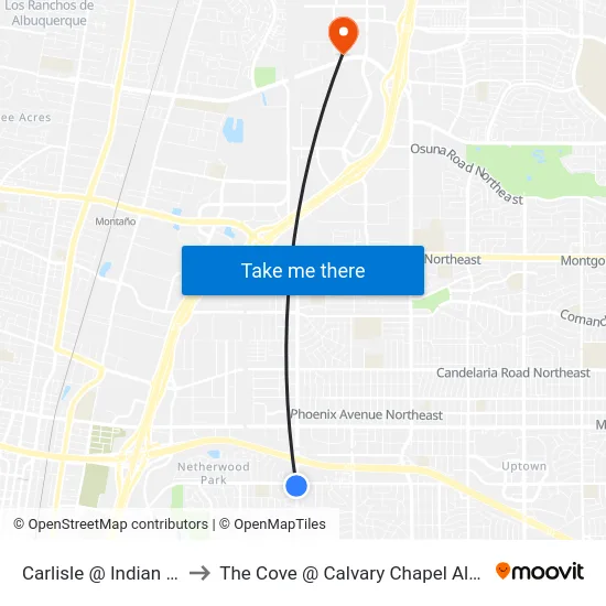 Carlisle @ Indian School to The Cove @ Calvary Chapel Albuquerque map