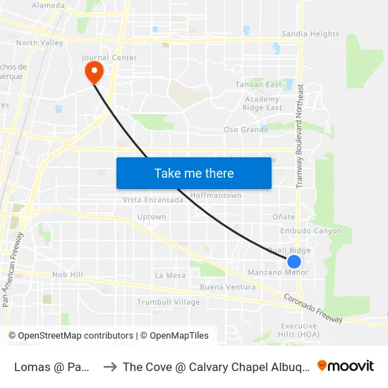 Lomas @ Pawnee to The Cove @ Calvary Chapel Albuquerque map