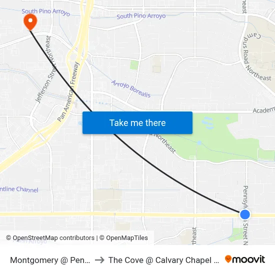 Montgomery @ Pennsylvania to The Cove @ Calvary Chapel Albuquerque map