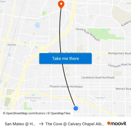 San Mateo @ Hannett to The Cove @ Calvary Chapel Albuquerque map
